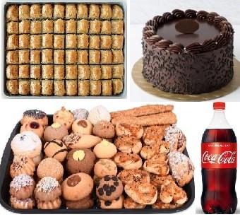 Dörtlü Kutlama Paketi: Çikolatalı Pasta Baklava Kuru Pasta ve Kola Samsun pasta